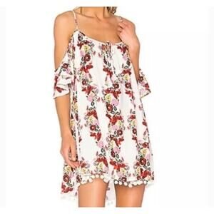 Revolve Show Me Your Mumu Floral Cold Shoulder Bonnaroo Pom Pom Mini Dress Sz. S